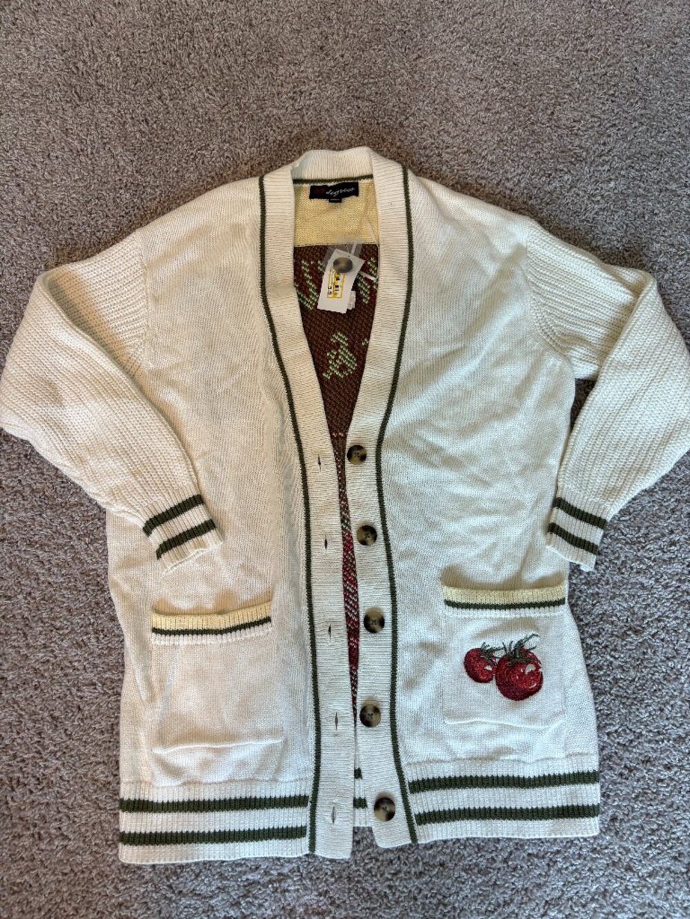Cream Tomato Graphic Varsity Cardigan Sweet and Tangy Size XXS New With Tags